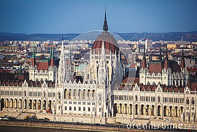 View of Hungarian Parliament Building, Budapest Parliament exterior, also called Orszaghaz, with Donau river and city panorama Stock Photo