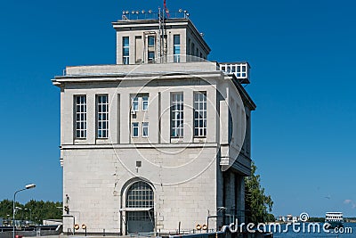 Nizhny Novgorod region, Russia, July 6, 2023. View of the technical buildings of the river lock. Editorial Stock Photo