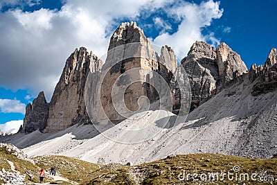 View of the iconic Drei Zinnen mountains in the South Tirolese Dolomite alps Stock Photo