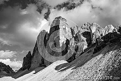 View of the iconic Drei Zinnen mountains in the South Tirolese Dolomite alps Stock Photo