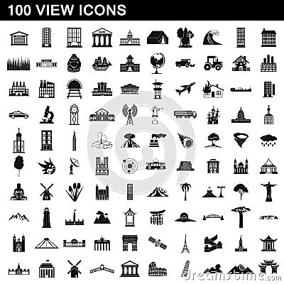 100 view icons set, simple style Vector Illustration