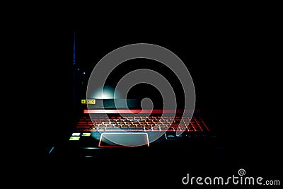 View of Illuminated Keyboard for gaming. Backlit keyboard with versatile color schemes, focus selective Stock Photo