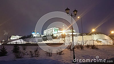 View of the illuminated Kremlin in the winter evening, Kazan, Russia Stock Photo