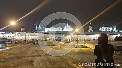 View of the illuminated Kremlin in the winter evening, Kazan, Russia Stock Photo