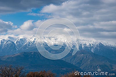 View of the impressive snowy mount Taygetus from Lakonia, Greece Stock Photo