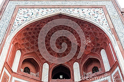 Incised ceiling painting of the Taj Mahal main gate with Arabic inscriptions Agra Rajasthan India Editorial Stock Photo