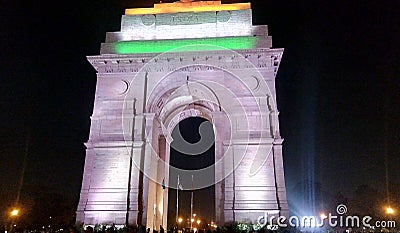 View of India Gate at night time.Delhi India. Editorial Stock Photo