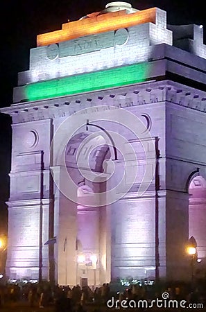 View of India Gate at night time.Delhi India. Editorial Stock Photo