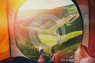 View from inside a tent on the mountains in Elbrus, Point Of View Shot. Travel Destination Hiking Adventure Concept Stock Photo