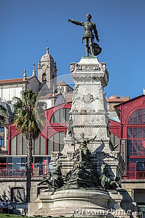 View at the Infante Dom Henrique Statue and Porto city on background Editorial Stock Photo