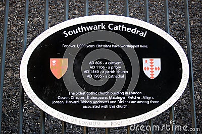 Information plaque Southwark Cathedral, London Editorial Stock Photo