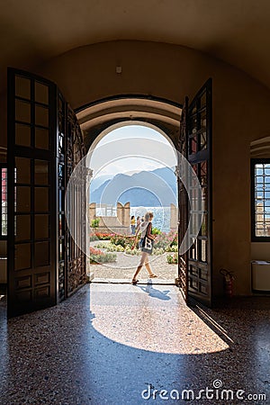 View of the inner courtyard of a freely accessible villa Palazzo dei Capitani in the old town of Malcesine Editorial Stock Photo