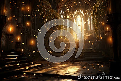 View from inside an abandoned mystical castle with flying golden leaves and sunlight from the window Stock Photo