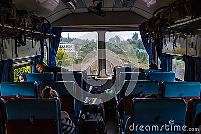 View from inside front observation carriage on Kandy to Ella railway trip in Sri Lanka Editorial Stock Photo