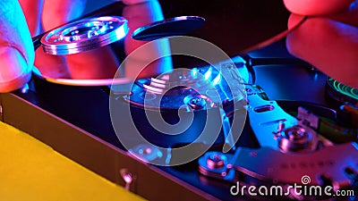 View inside hard drive storage device. Closeup Stock Photo