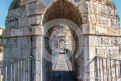 View from inside an old stone aqueduct Stock Photo