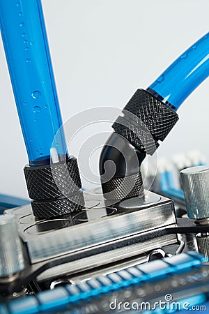 A view of inside of water cooled and high performance modern personal computer. Modding, PC, computing Stock Photo