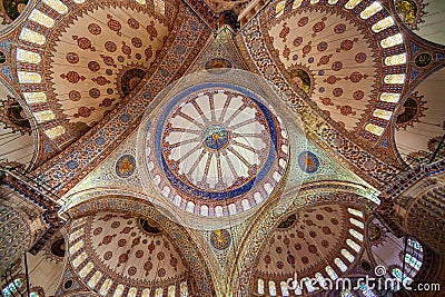 View of interior geometric painting at the ceiling of Blue Mosque in Istanbul Stock Photo