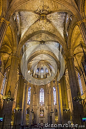 View of the interior of the gothic Cathedral of the Holy Cross and Saint Eulalia Editorial Stock Photo