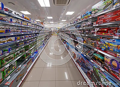 View of the interior of a Müller retail store. Shelves on both side of the photo, filled toys. 4 july 2023, Imst, Austria Editorial Stock Photo