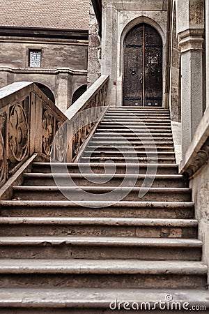 View about the interior stairs of Vajdahunyad castle, Transylvania, Romania Stock Photo