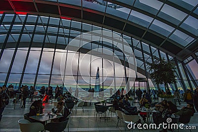 View from the interior top floor of Skygarden Known as the walkie talkie due to its unique distinctive shape, this skyscraper Editorial Stock Photo