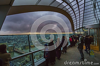 View from the interior top floor of Skygarden Known as the walkie talkie due to its unique distinctive shape, this skyscraper Editorial Stock Photo