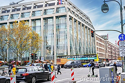 View of a intersection with a shopping mall on Berlin`s boulevard Tauentzien Editorial Stock Photo