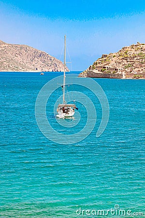 View of the island of Spinalonga with calm sea. gulf of Elounda, Crete, Greece Editorial Stock Photo