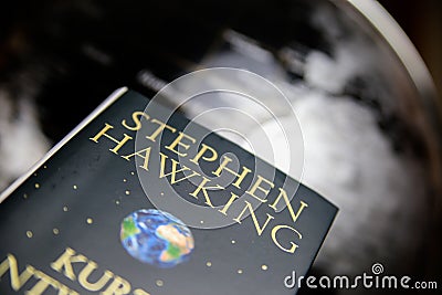 View on isolated book cover of Stephen Hawking with blurred world globe background Editorial Stock Photo