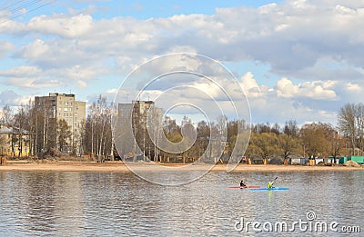 View Izhora River in center of Kolpino town. Stock Photo