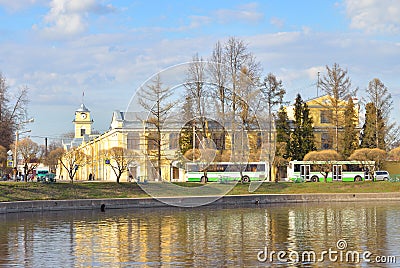 View Izhora River in center of Kolpino town. Stock Photo
