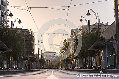 View from Jaffa Street with tram line in Jerusalem Editorial Stock Photo