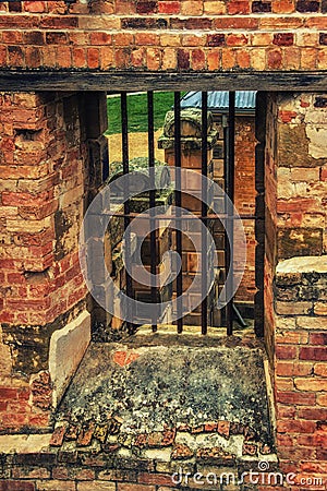 View through the jail cell windows of the Penitentiary, at the P Stock Photo