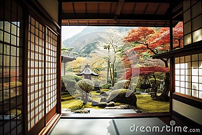 View from a Japanese house into a formal garden with bonsai and red maple, made with generative ai Stock Photo