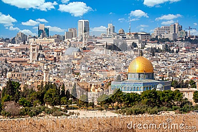 View on Jerusalem and the Temple Mount with the Dome of the Rock and the Mount of Olives. Palestine-Israel Stock Photo