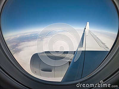 View from a Jet Airplane in flight, framed by the Window Stock Photo