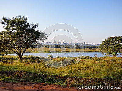 A view from Juan Domingo Peron Park, Uruguay river and cityscape of Uruguaiana, Brazil in the background Paso de los libres, Stock Photo