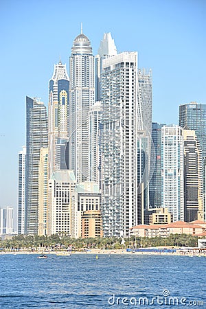 View of Jumeirah Beach Residences from Bluewaters Island in Dubai, UAE Editorial Stock Photo