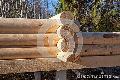 View of the junction of logs wooden house under construction Stock Photo