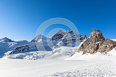 View of Jungfrau and The Sphinx Observatory from Jungfraujoch Stock Photo