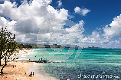 View of Kailua beach with lots of people sunbathing and swimming Editorial Stock Photo