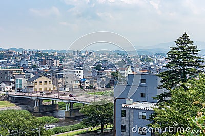 View of Kanazawa city and the Saigawa River, Japan Stock Photo