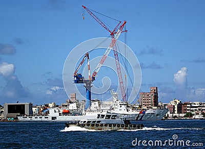 View of Kaohsiung Harbor with Large Cranes Editorial Stock Photo