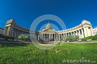 View Kazan Cathedral grass meadow in Saint Petersburg summer lilac. Stock Photo