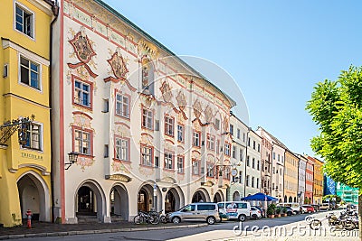 View at the Kermhaus building in the streets of Wasserburg am Inn in Germany Editorial Stock Photo