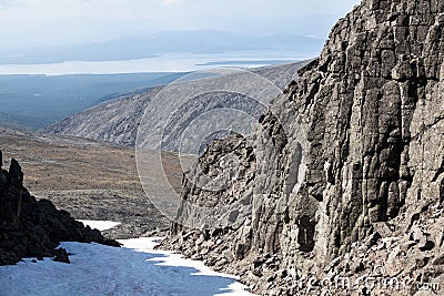 View from the Khibiny Massif or Khibins at the Imandra lake. The Kola Peninsula, Russia, within the Arctic Circle Stock Photo