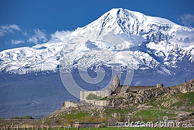 View of Khor Virap and Mount Ararat Stock Photo