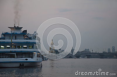 View of the Kiev harbor and the motor ship Princess Dnieper on the Dnieper pier Editorial Stock Photo