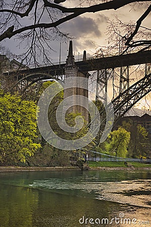 View of Kirchenfeldbrucke under the bridge close to Aare river in Bern Editorial Stock Photo